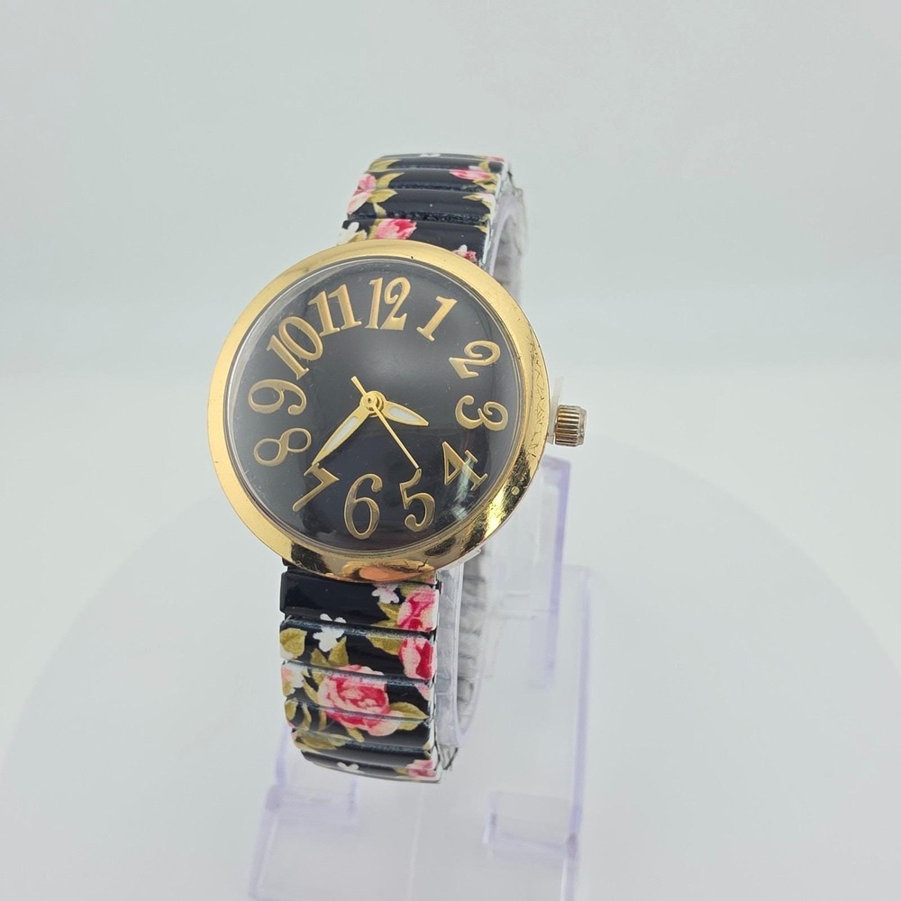 Vtg Geneva Ladies Watch Easy Reader Black Floral Stretch Gold Plate 6.75"